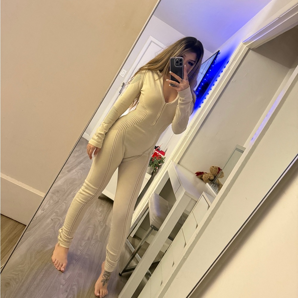 EGO Cream Knit Jumpsuit with Ribbed Texture